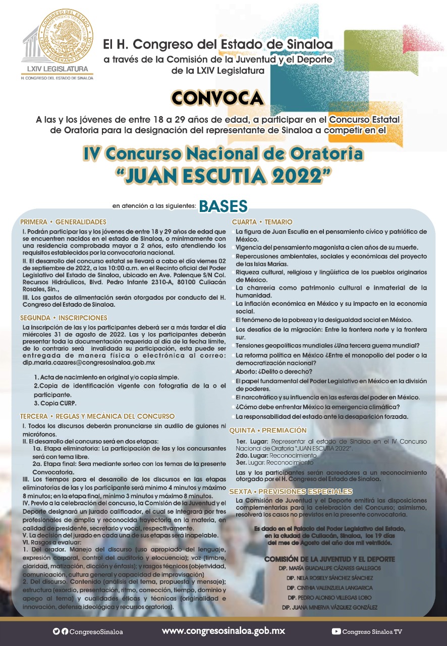 INVITA EL H. CONGRESO DEL ESTADO A PARTICIPAR AL CONCURSO ESTATAL DE ORATORIA “JUAN ESCUTIA 2022”
