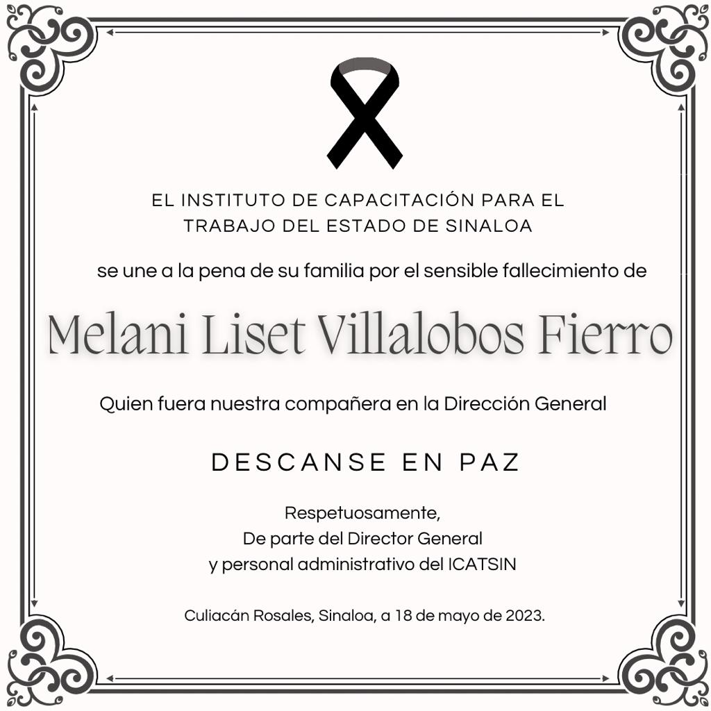 ICATSIN LAMENTA LA PÉRDIDA DE MELANY VILLALOBOS FIERRO, QUIEN FUERA NUESTRA COMPAÑERA EN DIRECCIÓN GENERAL DE ICATSIN